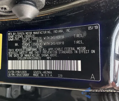 2019 Toyota Highlander Xle z USA, uszkodzony, nr VIN 5TDJZRFH7KS599622